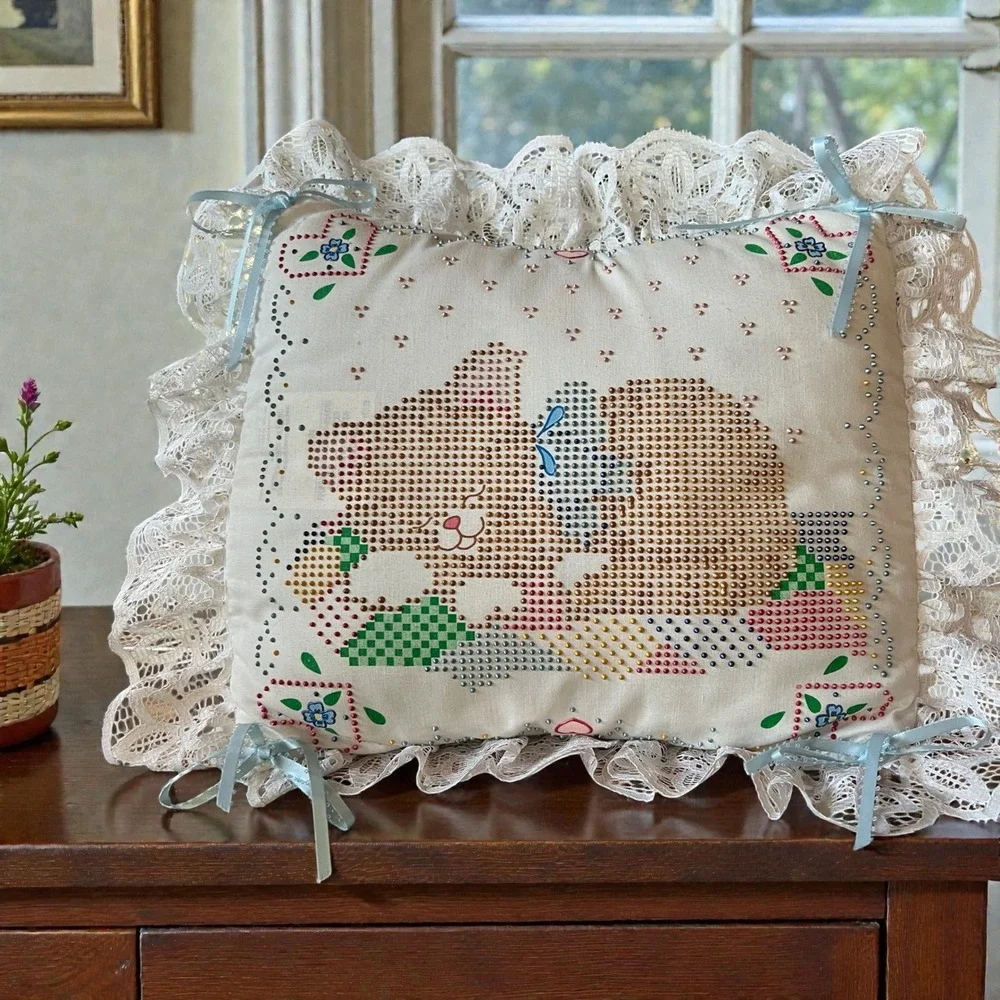 Vintage 90s Finished Bucilla Cat Pillow Cottagecore Girlhood‎ Whimsical Decor